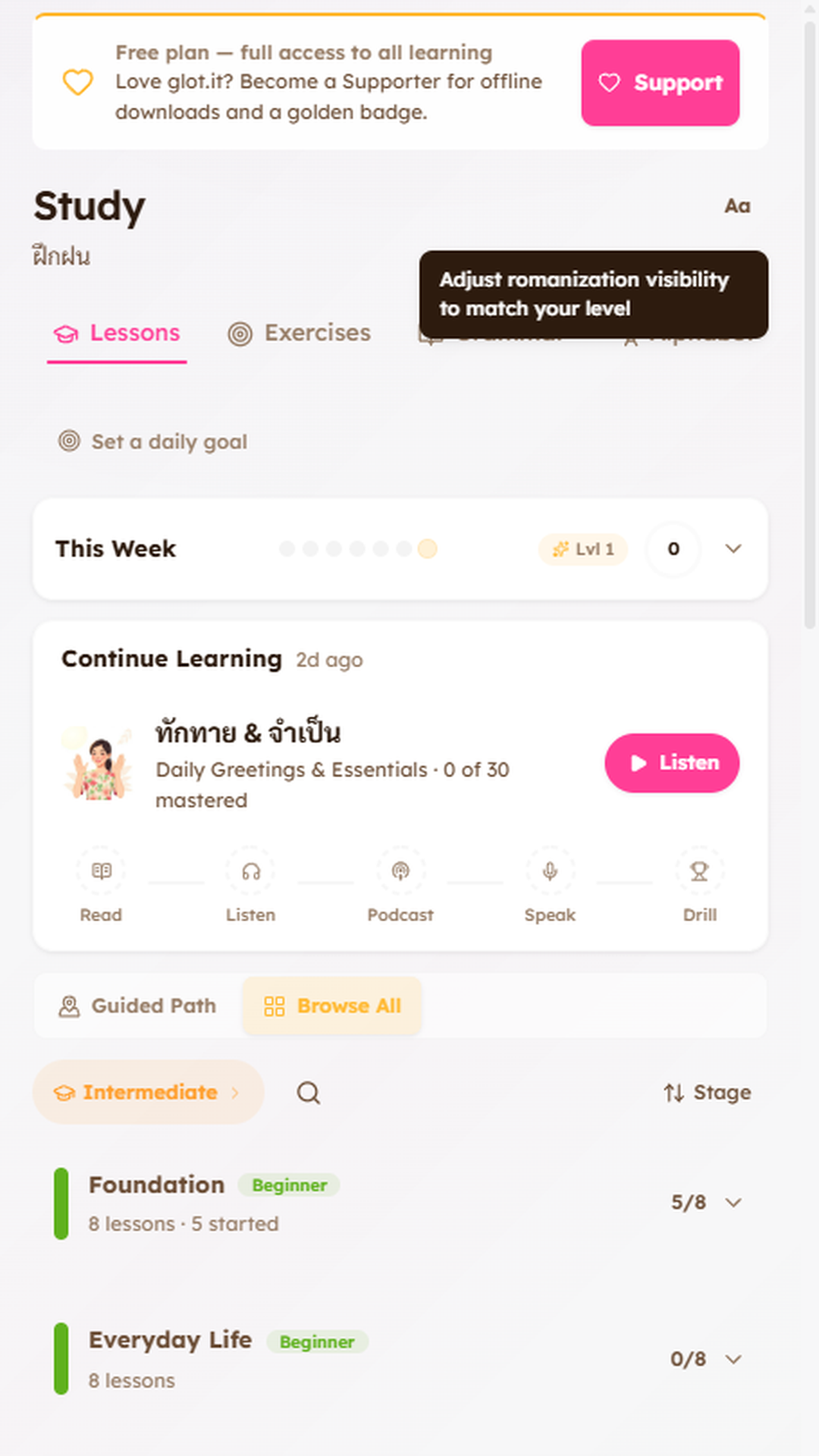 Practice — 161 lessons grouped by proficiency stage.