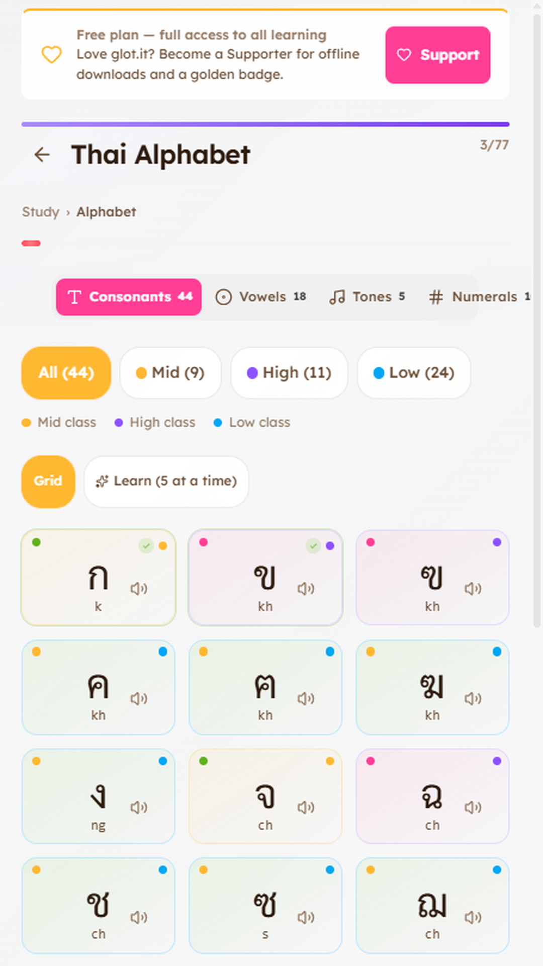 Alphabet — 44 consonants with FLUX-generated mnemonics.