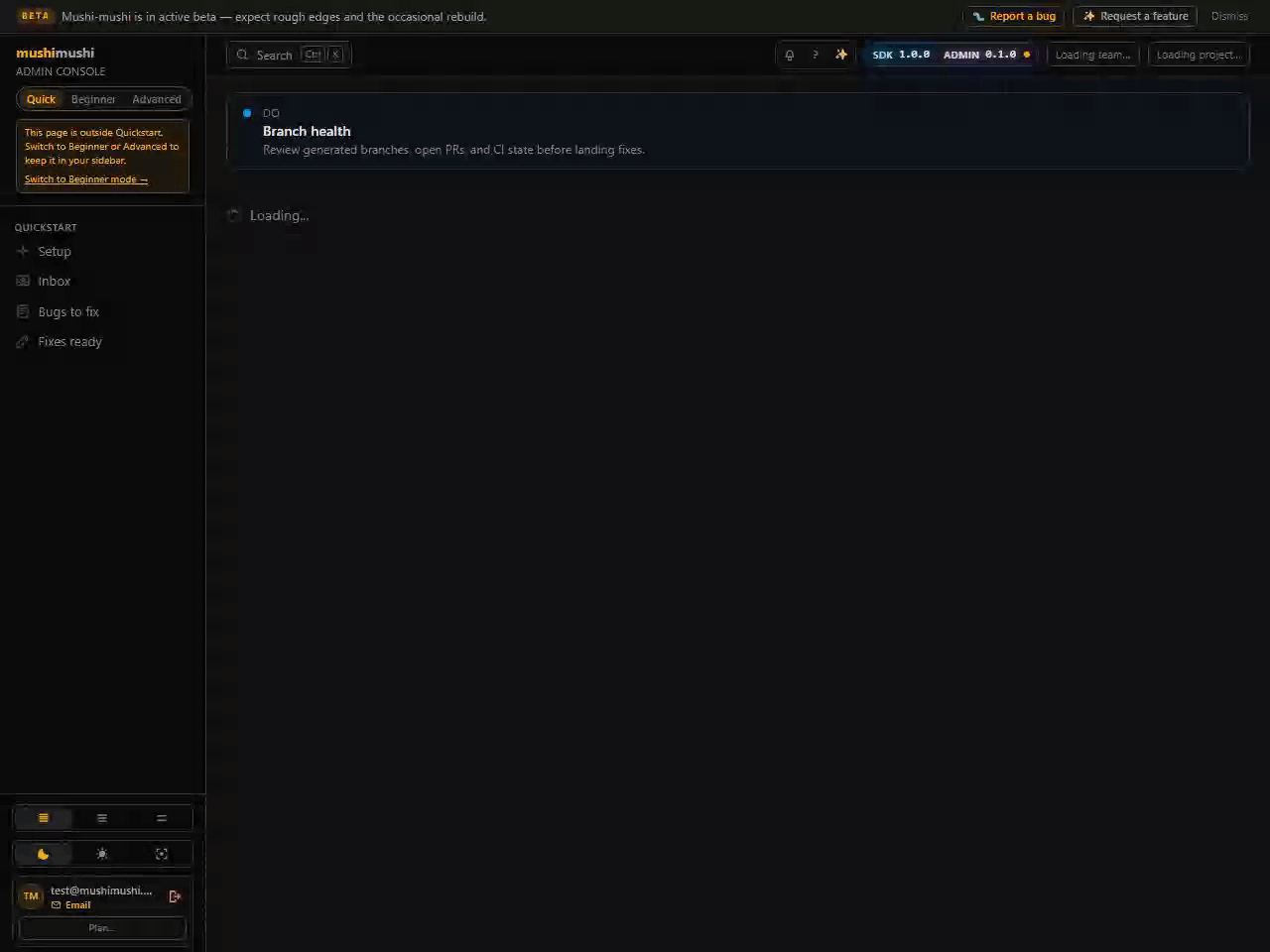 Repo graph — branches grouped by CI status with live activity stream