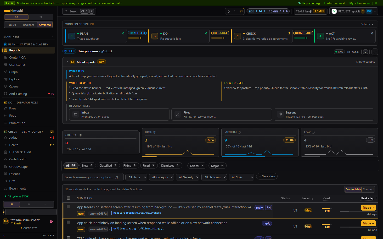 Report detail — screenshot, classification, and fix timeline
