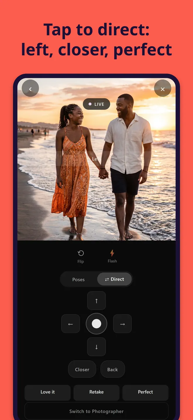 Live camera view above arrow buttons for up, down, left and right, Closer and Back buttons, and the shutter button in the middle