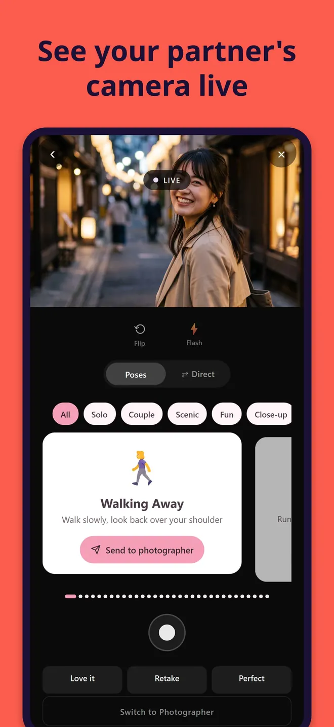 Live camera view above a pose card with a Send to photographer button, the shutter button, and Love it, Retake and Perfect buttons
