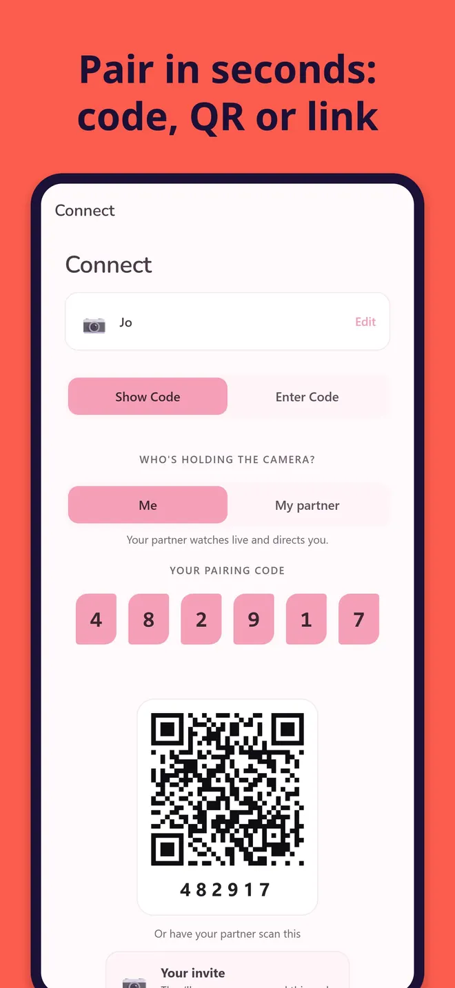 Pairing screen: “Who’s holding the camera?” with Me or My partner, a six-digit pairing code and a QR code