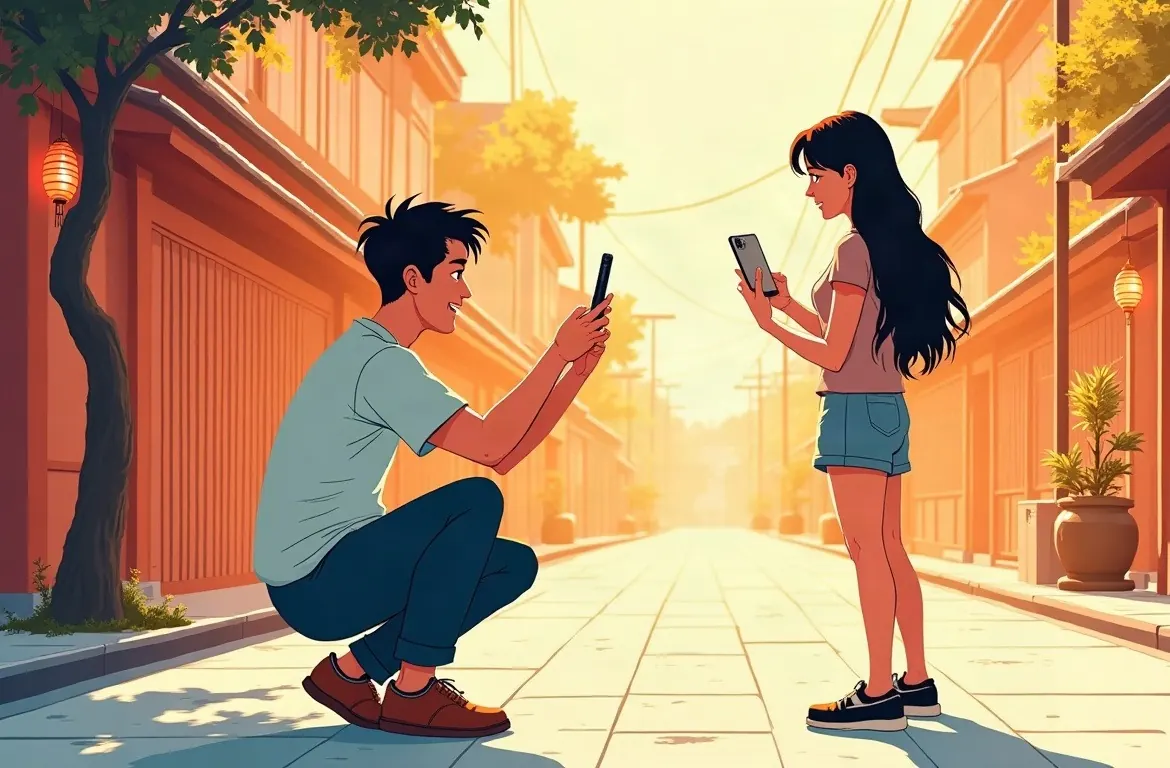 旅先の路地で、男性がしゃがんでスマホを構え、少し離れた女性が自分のスマホを見ながら立っているイラスト