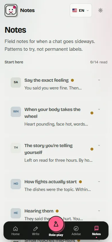 The Notes list, 0 of 14 read: 'Say the exact feeling', 'When your body takes the wheel', 'The story you're telling yourself', 'How fights actually start', 'Hearing them'