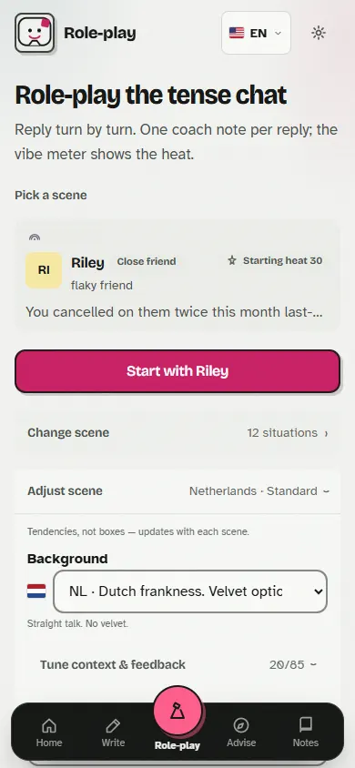 Role-play setup. Riley, a close friend, in the 'flaky friend' scene with a starting heat of 30. Under 'Adjust scene', the Netherlands background is selected: 'Straight talk. No velvet.'