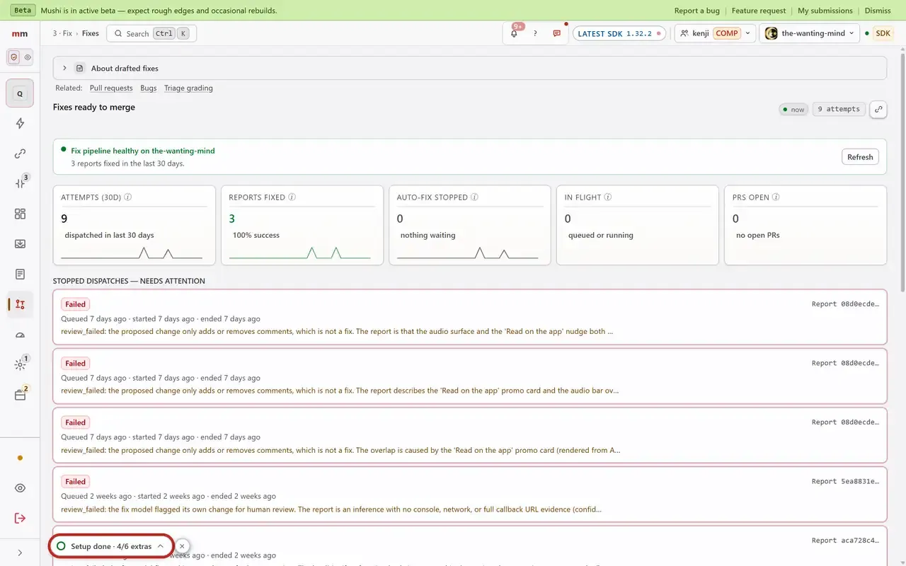 The Fixes screen: cards for fix attempts in the last 30 days, then a list of stopped dispatches, each marked Failed with the reason review_failed: the proposed change only adds or removes comments, which is not a fix