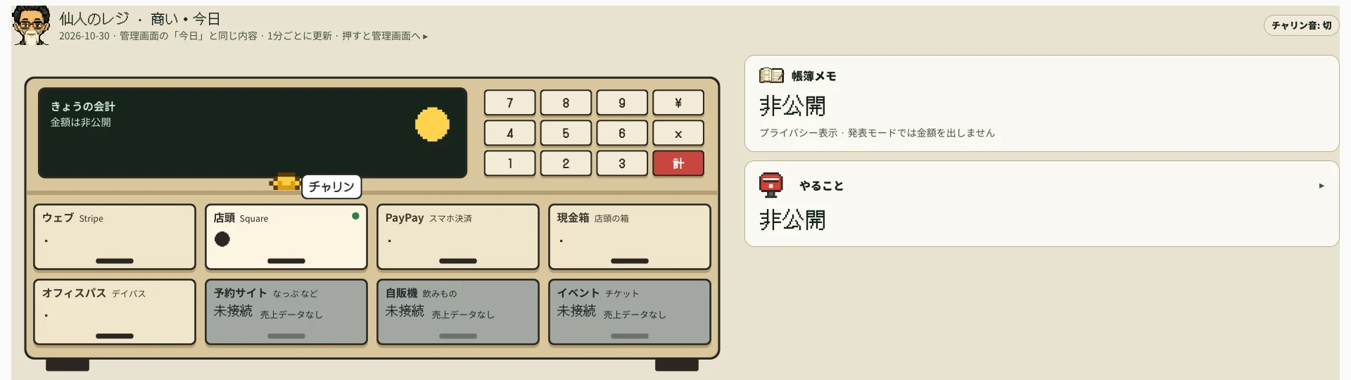 牧場モニターの「商い」タブ。ドット絵のレジに、ウェブ、店頭、PayPay、現金箱、オフィスパスの入口が並ぶ。金額は非公開と表示されている
