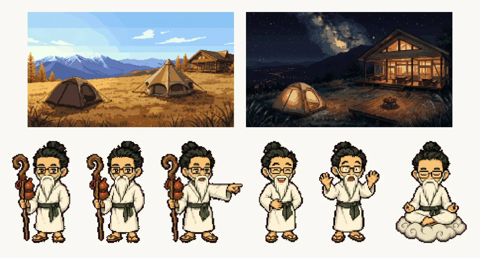 ドット絵の作品。秋の昼の草原とテントと建物、星空の夜のテントと明かりのついた建物。その下に、杖を持つ、指さす、笑う、驚く、雲の上で座禅する仙人けんじ