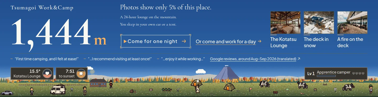 公式サイトの最初の画面。標高1,444mの大きな数字、「A 24-hour lounge on the mountain. You sleep in your own car or a tent.」の一文、ラウンジとデッキの写真、ドット絵の草原にテントや車や牛