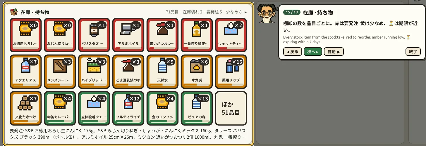 説明モードの15番目。在庫の持ち物一覧が黄色い枠で囲まれ、横に仙人のドット絵と吹き出しが出て、赤は要発注、黄は少なめ、砂時計は期限が近いと説明している