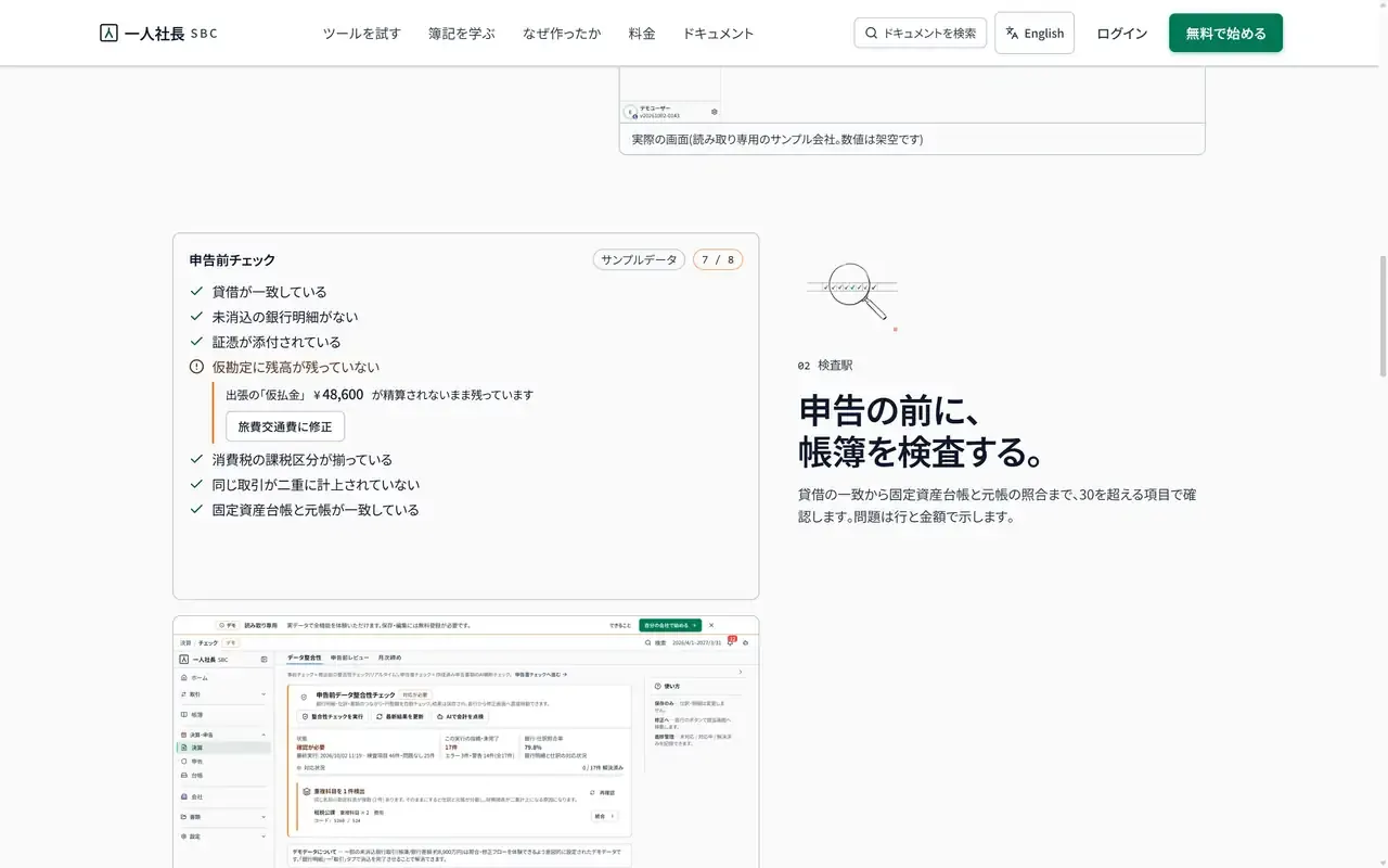 申告前チェックの例。「サンプルデータ」の札と 7 / 8。貸借の一致、未消込の銀行明細、証憑の添付などにチェックがつき、「仮勘定に残高が残っていない」だけが警告で、出張の仮払金 ¥48,600 が精算されていないと示し「旅費交通費に修正」ボタンがある。その下に、読み取り専用のサンプル会社で撮ったチェック画面