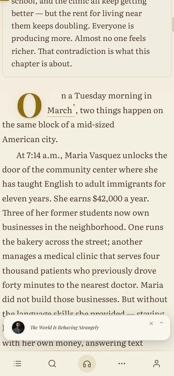 The chapter 'The World Is Behaving Strangely' in English: the end of its plain-language summary, then the opening with a large drop cap. Along the bottom: a mini audio player and buttons for contents, search, narration, more and account.
